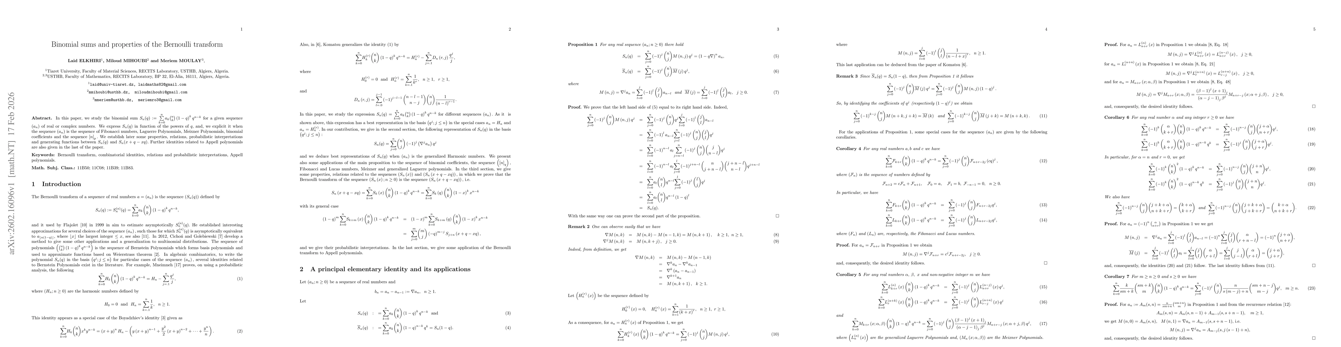 Thumbnail for Binomial sums and properties of the Bernoulli transform