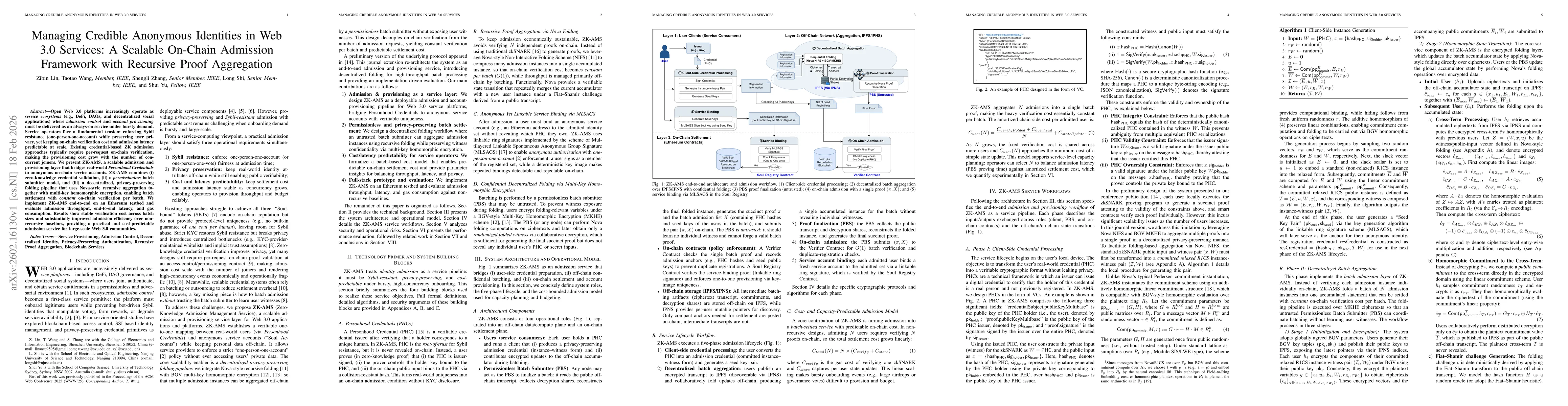 Thumbnail for Managing Credible Anonymous Identities in Web 3.0 Services: A Scalable On-Chain Admission Framework with Recursive Proof Aggregation
