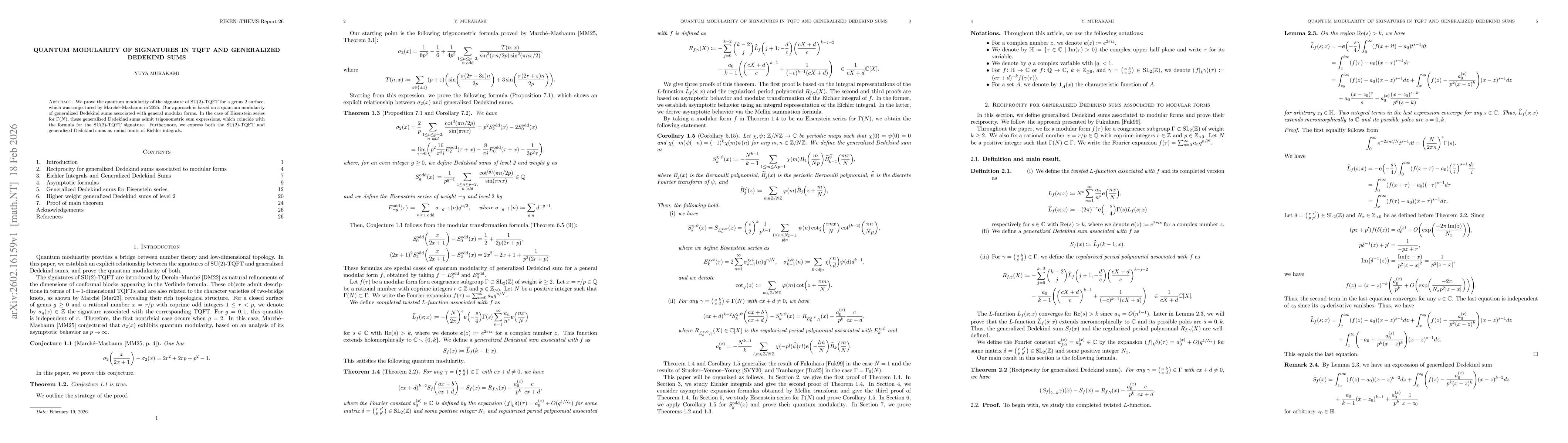 Thumbnail for Quantum modularity of signatures in TQFT and generalized Dedekind sums