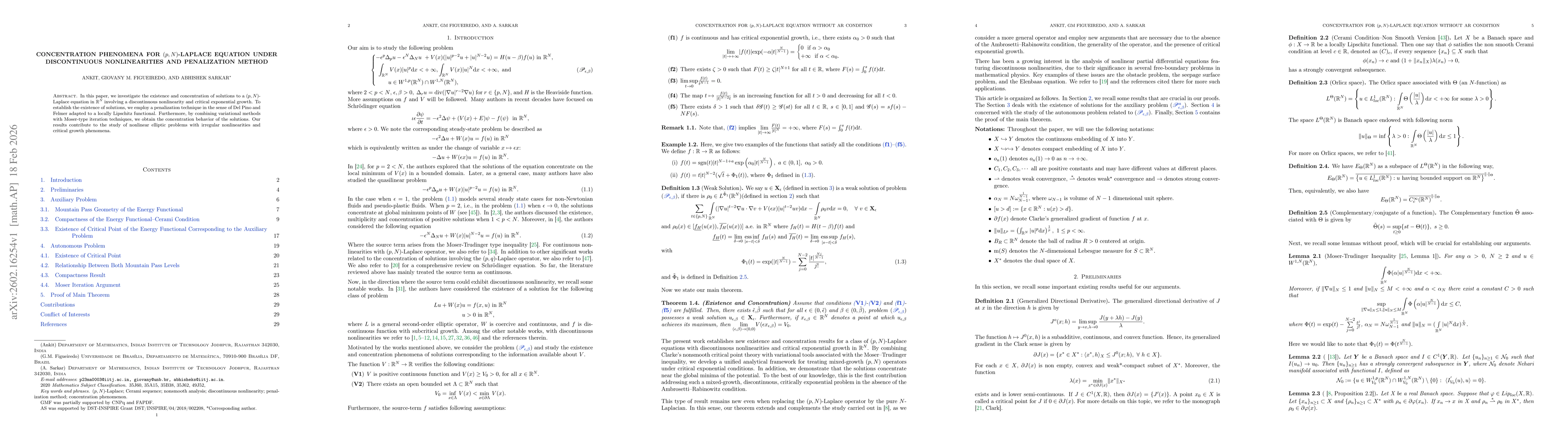 Thumbnail for Concentration Phenomena for $(p,N)$-Laplace Equation Under Discontinuous Nonlinearities and Penalization Method