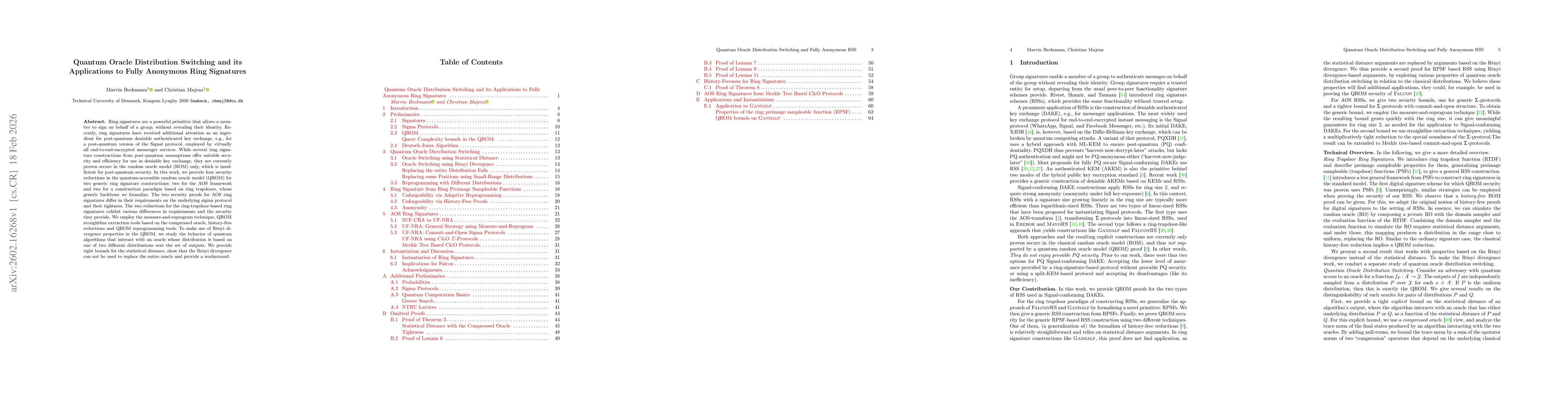 Thumbnail for Quantum Oracle Distribution Switching and its Applications to Fully Anonymous Ring Signatures