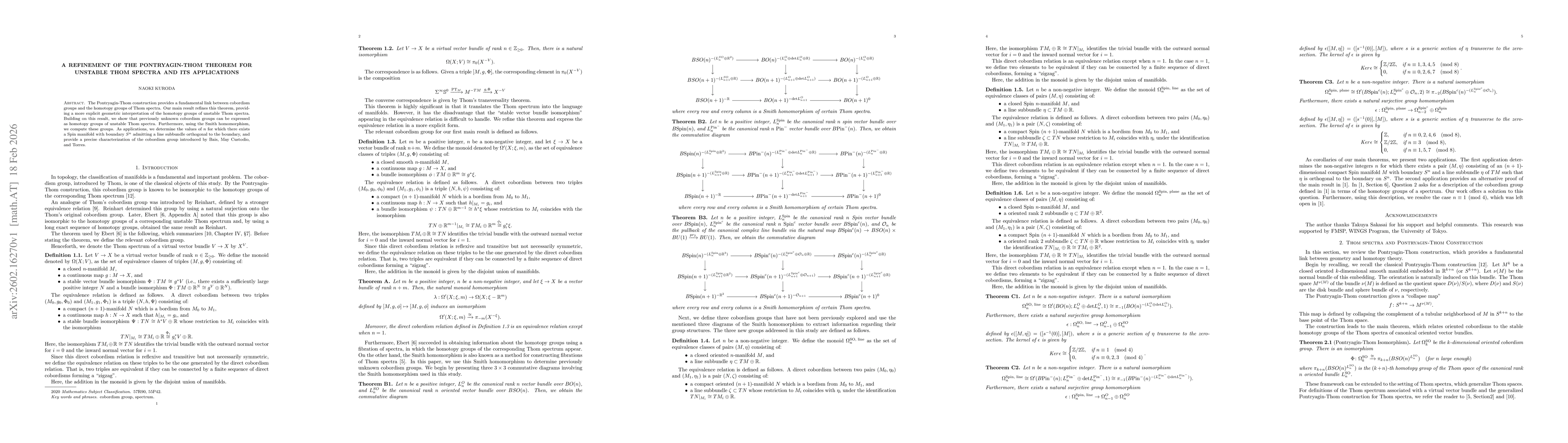 Thumbnail for A refinement of the Pontryagin-Thom theorem for unstable Thom spectra and its applications
