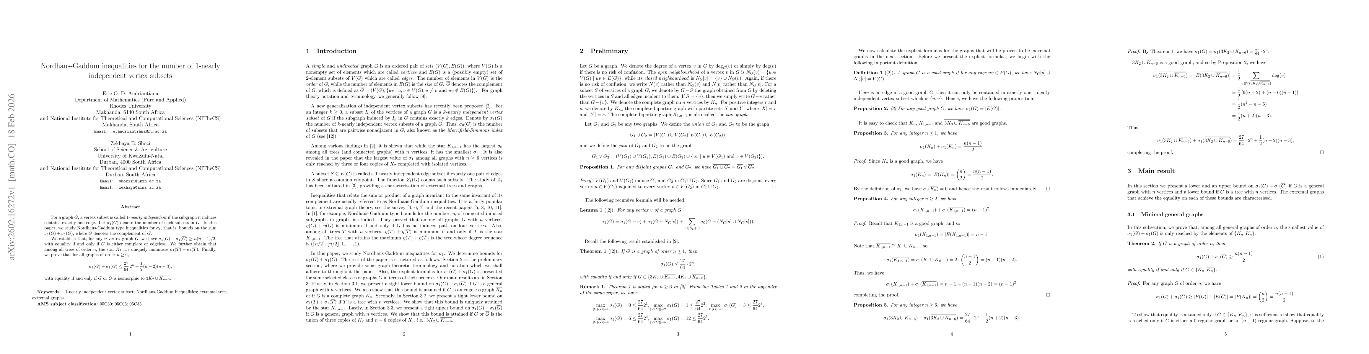 Thumbnail for Nordhaus-Gaddum inequalities for the number of 1-nearly independent vertex subsets