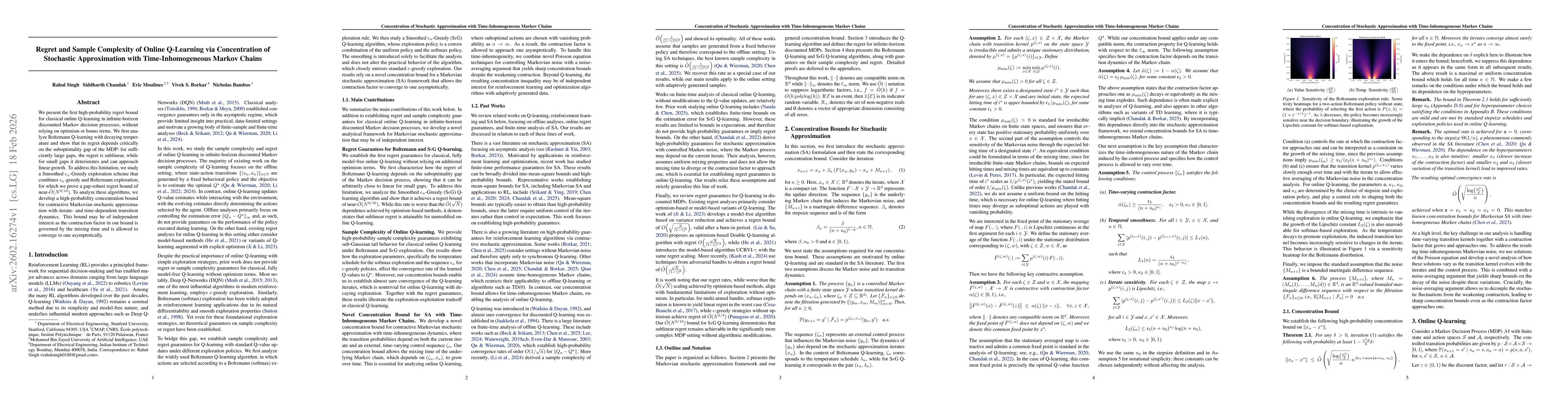Thumbnail for Regret and Sample Complexity of Online Q-Learning via Concentration of Stochastic Approximation with Time-Inhomogeneous Markov Chains