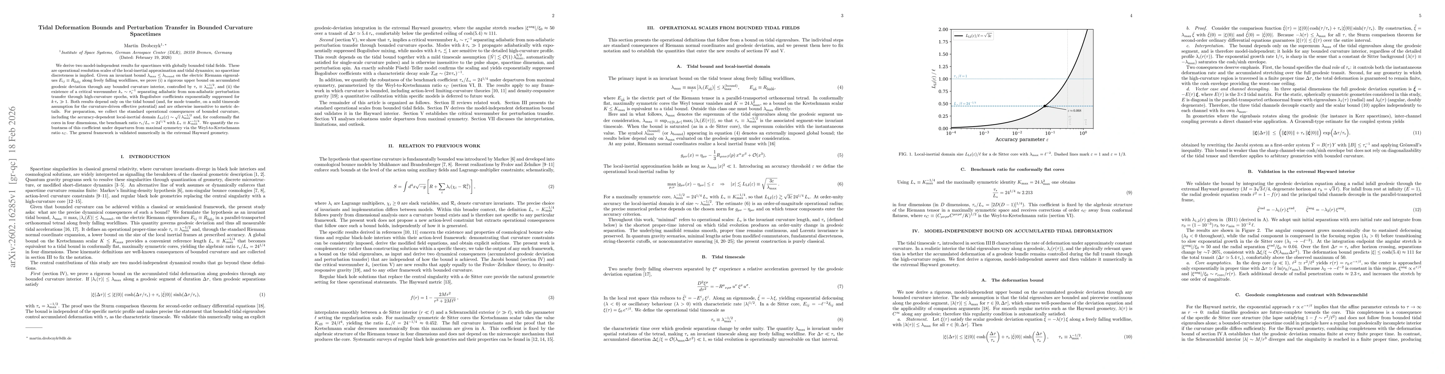 Thumbnail for Tidal Deformation Bounds and Perturbation Transfer in Bounded Curvature Spacetimes