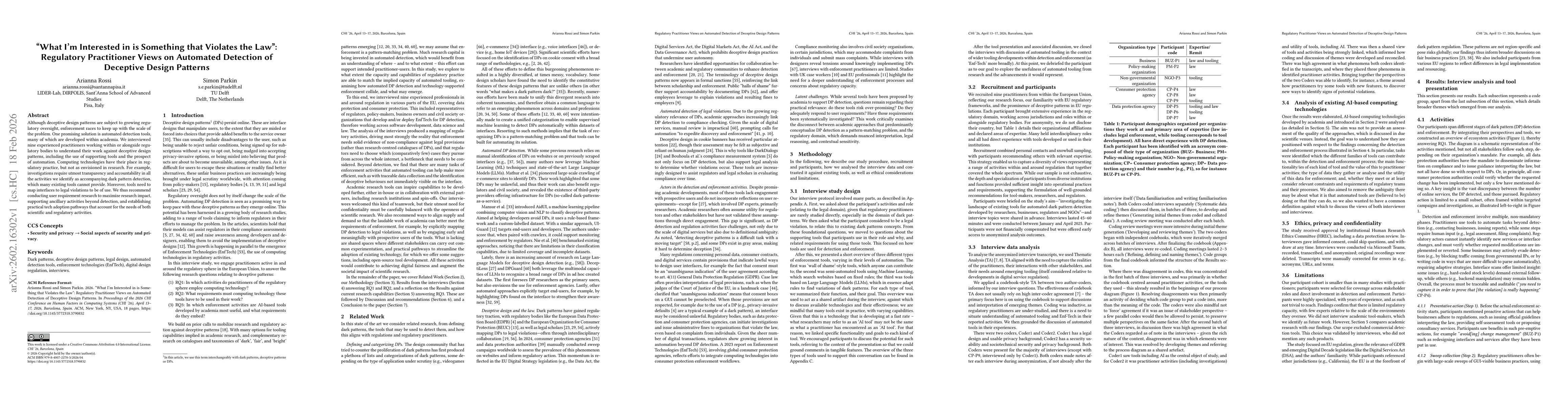 Thumbnail for "What I'm Interested in is Something that Violates the Law": Regulatory Practitioner Views on Automated Detection of Deceptive Design Patterns