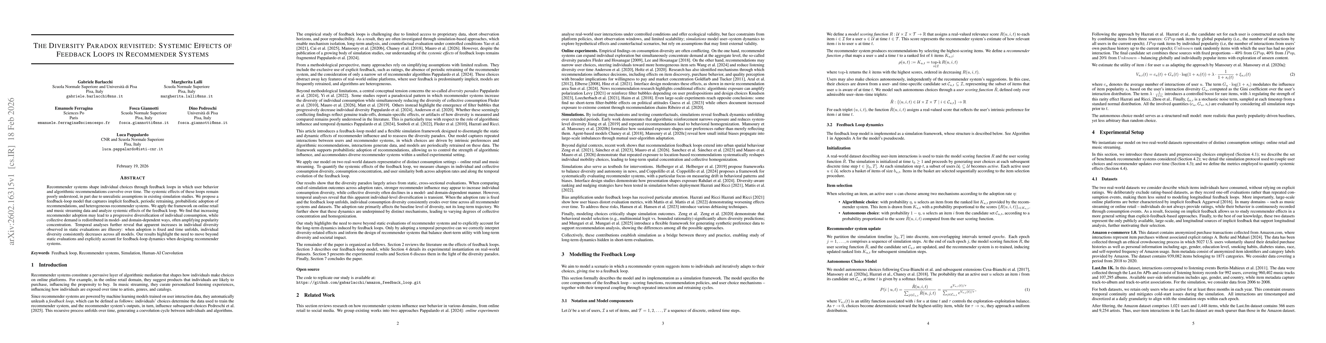 Thumbnail for The Diversity Paradox revisited: Systemic Effects of Feedback Loops in Recommender Systems