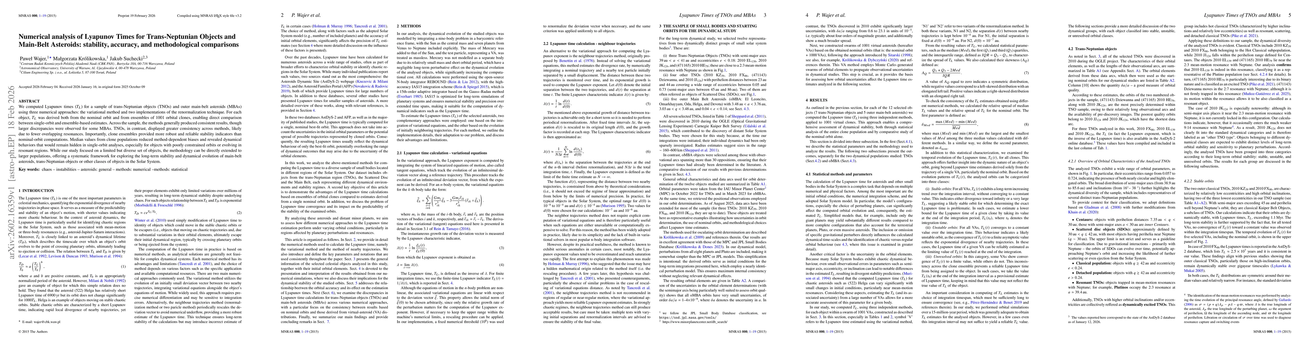 Thumbnail for Numerical analysis of Lyapunov Times for Trans-Neptunian Objects and Main-Belt Asteroids: stability, accuracy, and methodological comparisons
