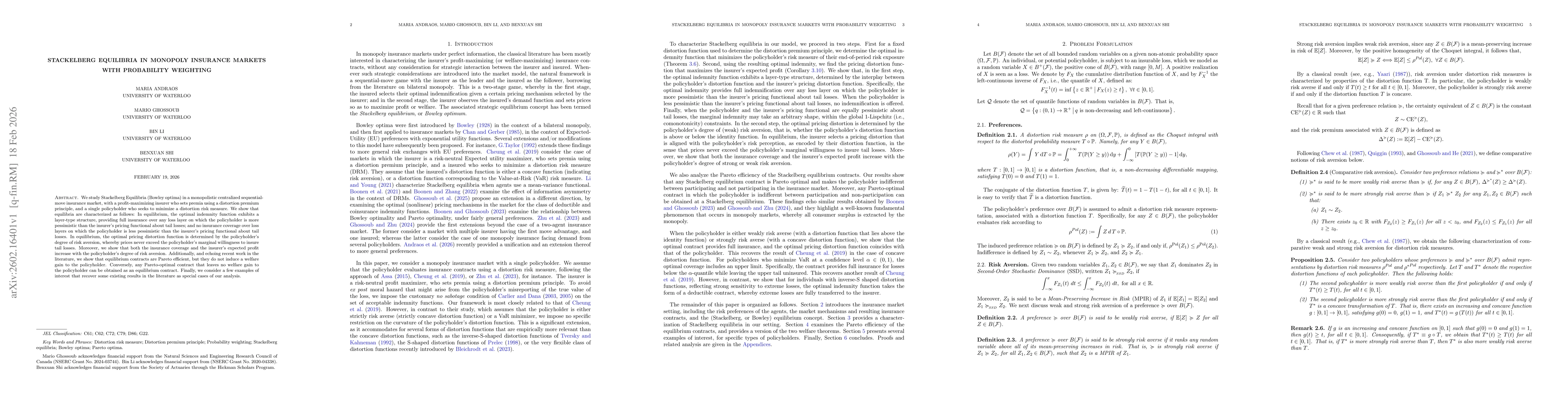 Thumbnail for Stackelberg Equilibria in Monopoly Insurance Markets with Probability Weighting