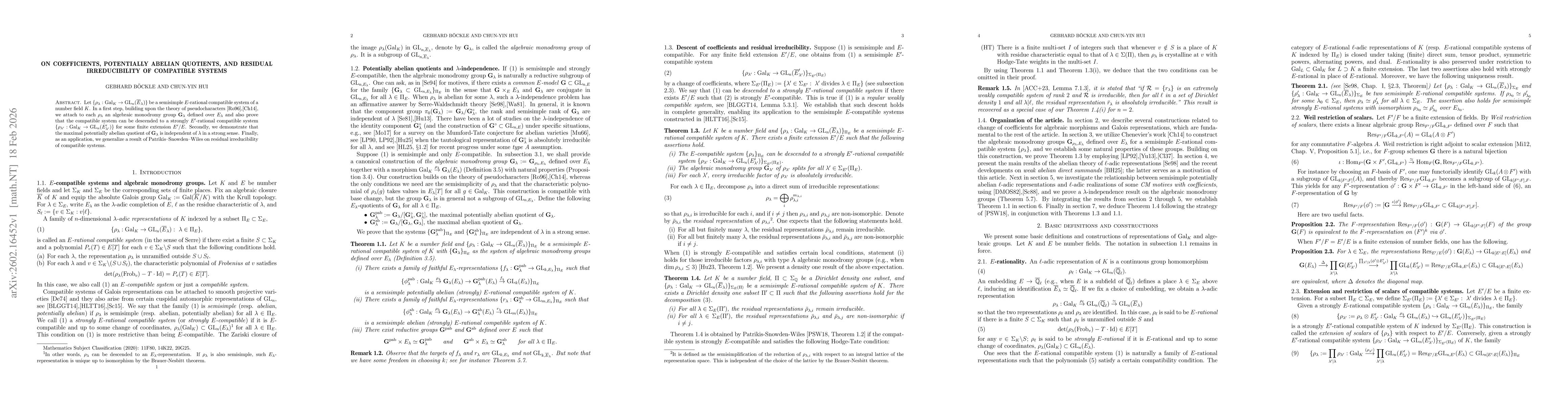 Thumbnail for On coefficients, potentially abelian quotients, and residual irreducibility of compatible systems