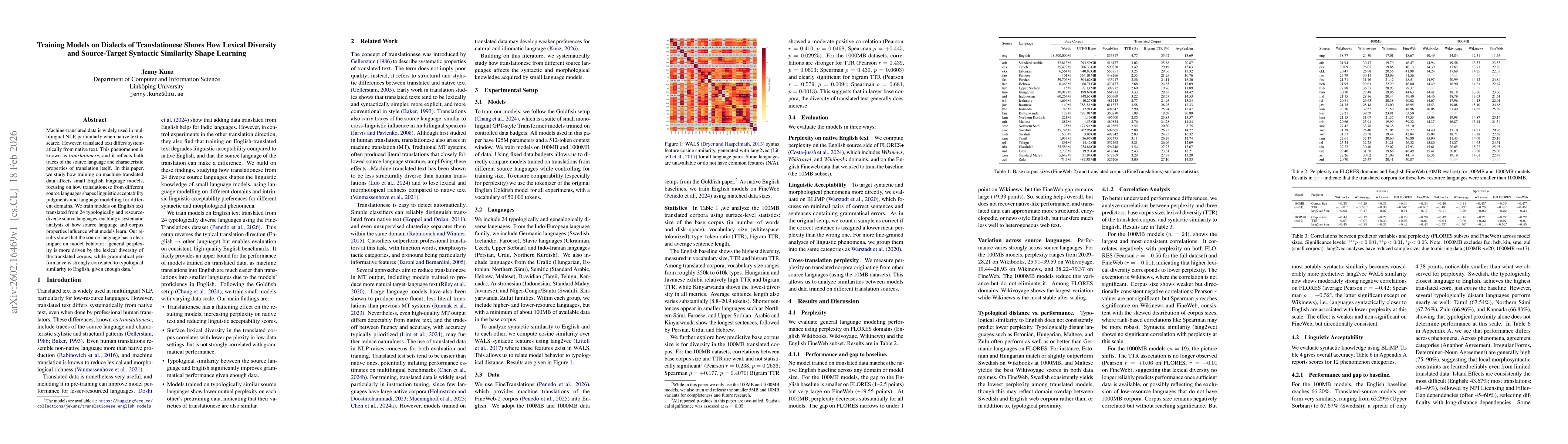 Thumbnail for Training Models on Dialects of Translationese Shows How Lexical Diversity and Source-Target Syntactic Similarity Shape Learning