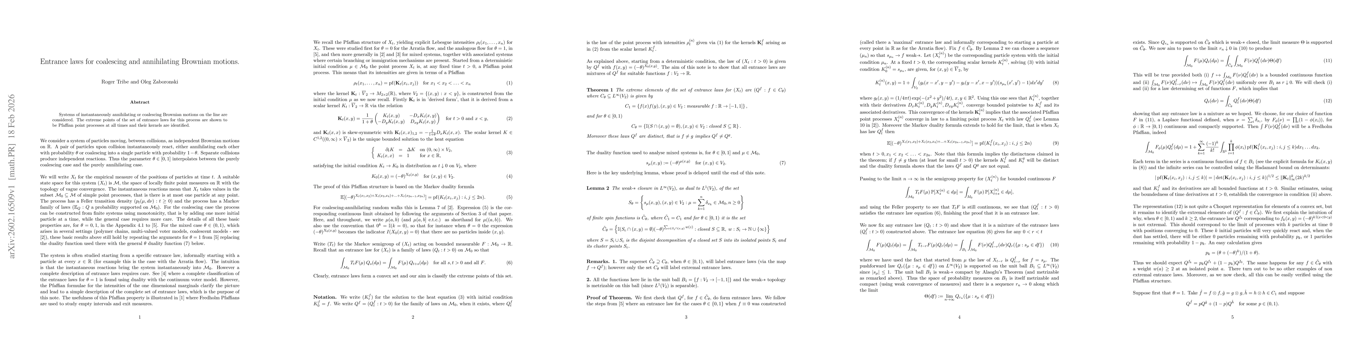 Thumbnail for Entrance laws for coalescing and annihilating Brownian motions