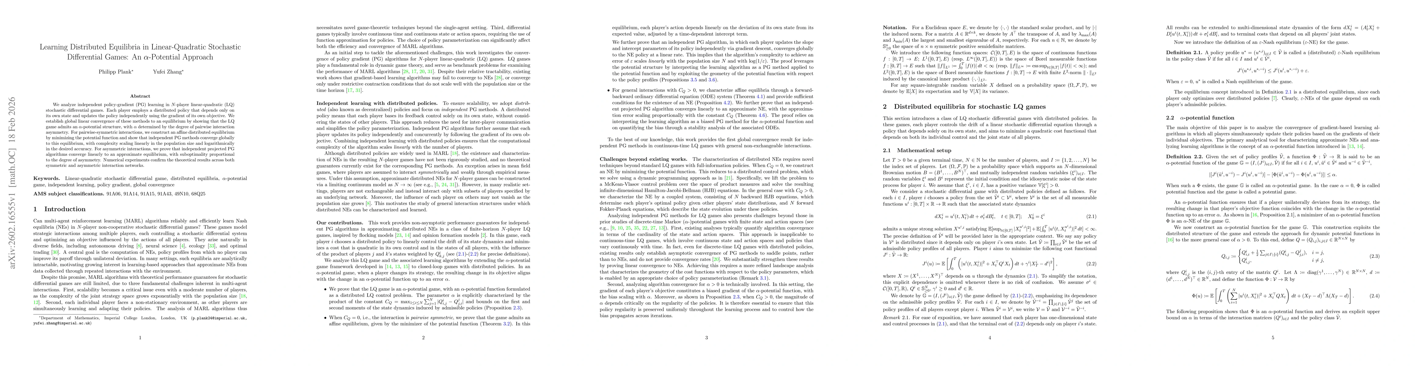 Thumbnail for Learning Distributed Equilibria in Linear-Quadratic Stochastic Differential Games: An $α$-Potential Approach