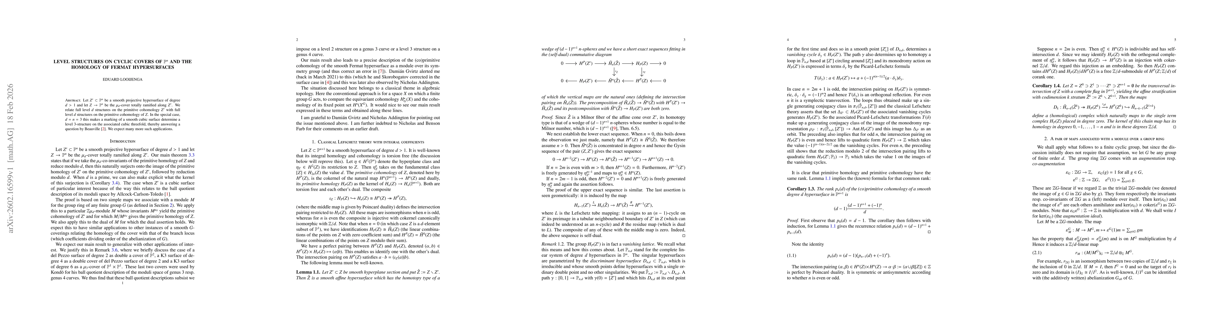 Thumbnail for Level structures on cyclic covers of $\mathbb{P}^n$ and the homology of Fermat hypersurfaces