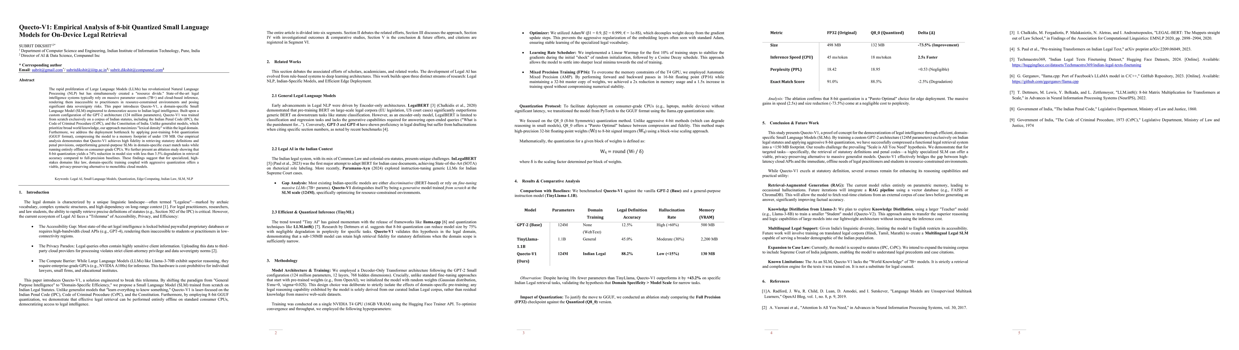 Thumbnail for Quecto-V1: Empirical Analysis of 8-bit Quantized Small Language Models for On-Device Legal Retrieval