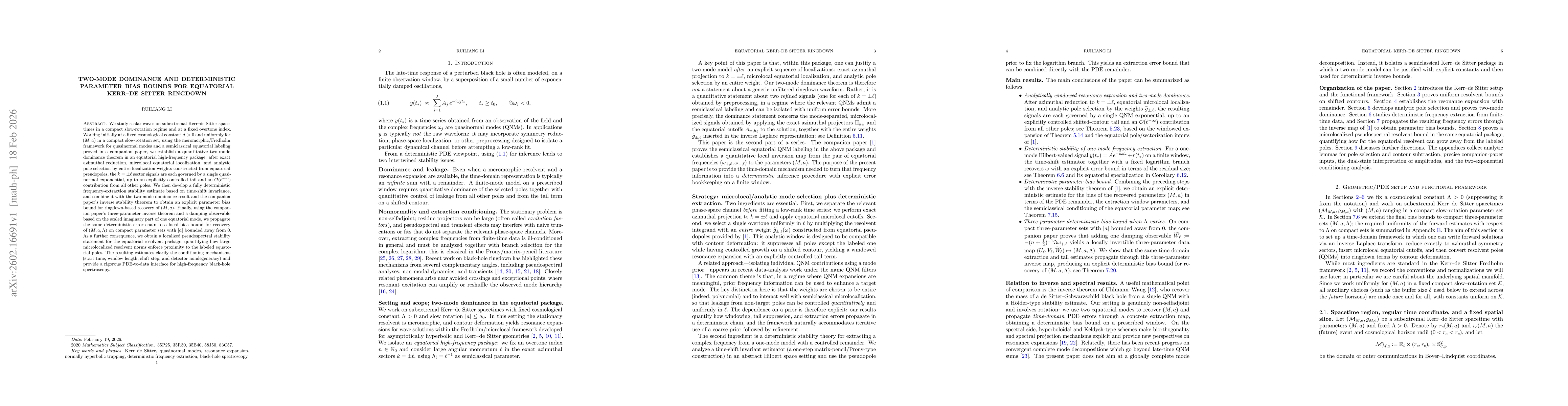 Thumbnail for Two-mode dominance and deterministic parameter bias bounds for equatorial Kerr-de Sitter ringdown