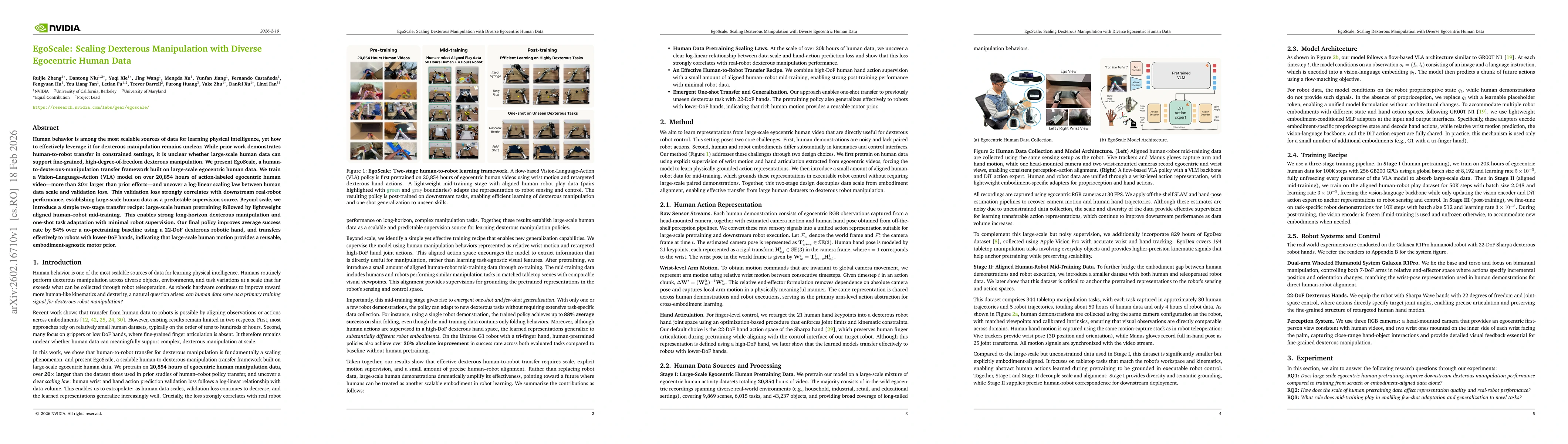 Thumbnail for EgoScale: Scaling Dexterous Manipulation with Diverse Egocentric Human Data