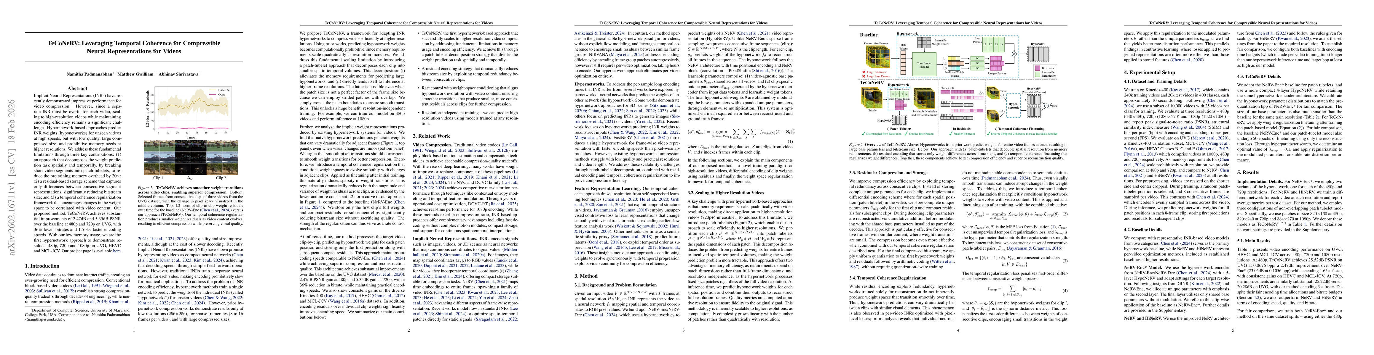 Thumbnail for TeCoNeRV: Leveraging Temporal Coherence for Compressible Neural Representations for Videos