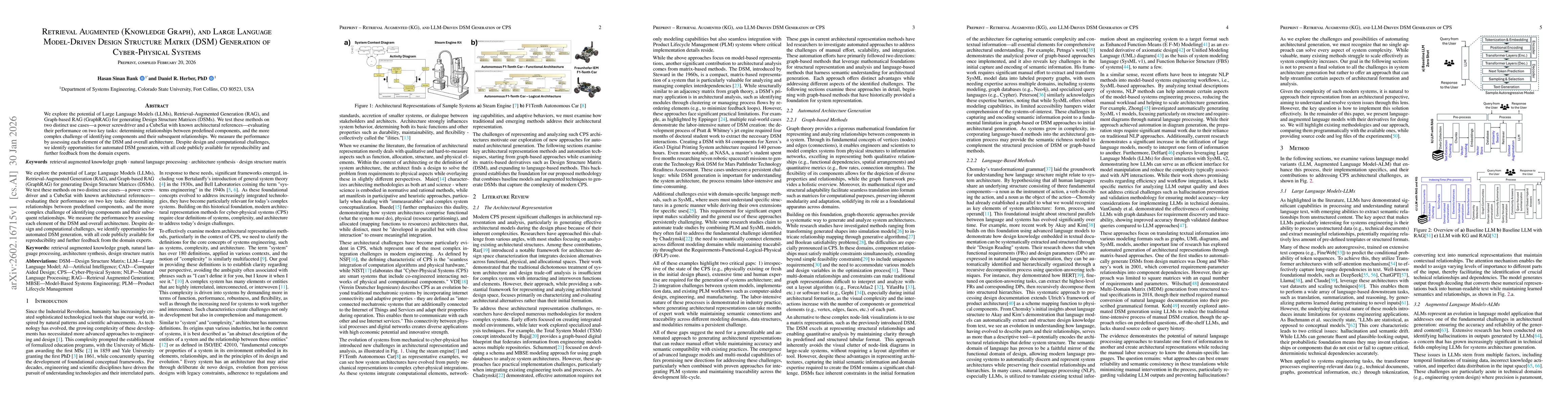 Thumbnail for Retrieval Augmented (Knowledge Graph), and Large Language Model-Driven Design Structure Matrix (DSM) Generation of Cyber-Physical Systems