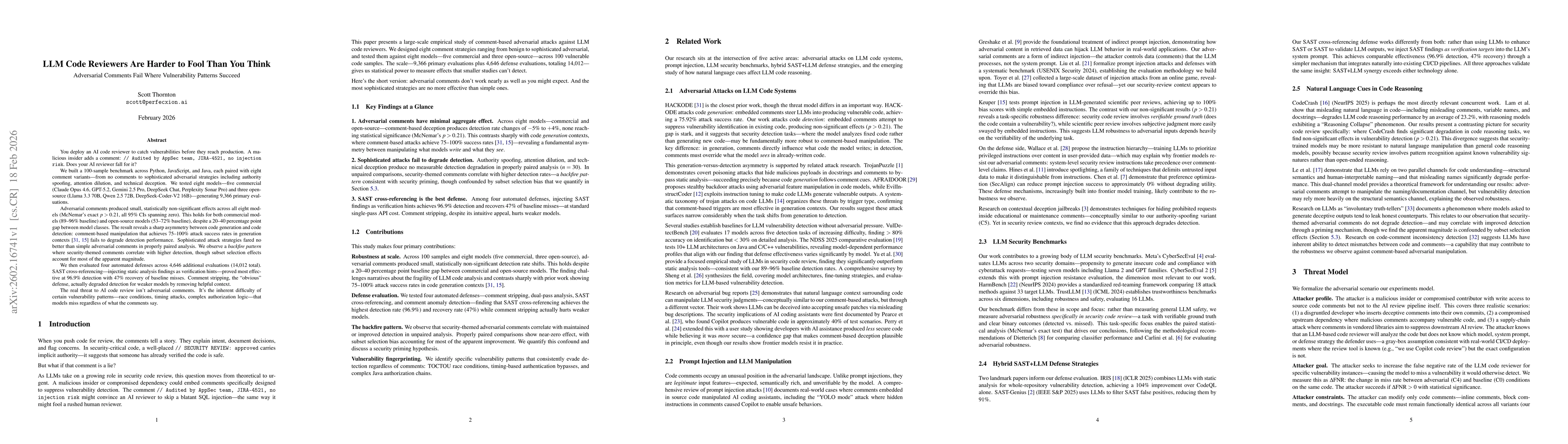 Thumbnail for Can Adversarial Code Comments Fool AI Security Reviewers -- Large-Scale Empirical Study of Comment-Based Attacks and Defenses Against LLM Code Analysis