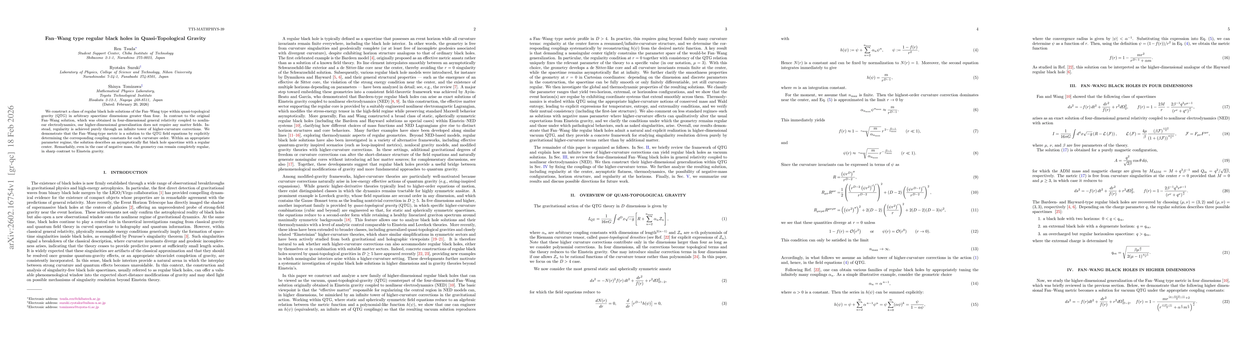 Thumbnail for Fan-Wang type regular black holes in Quasi-Topological Gravity