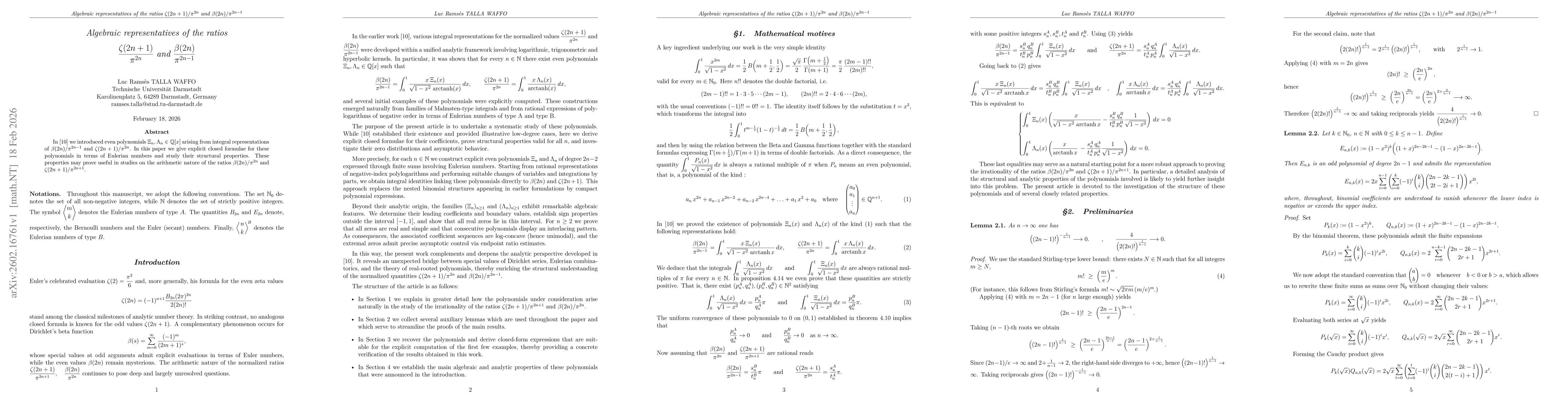 Thumbnail for Algebraic representatives of the ratios $ζ(2n+1)/π^{2n}$ and $β(2n)/π^{2n-1}$