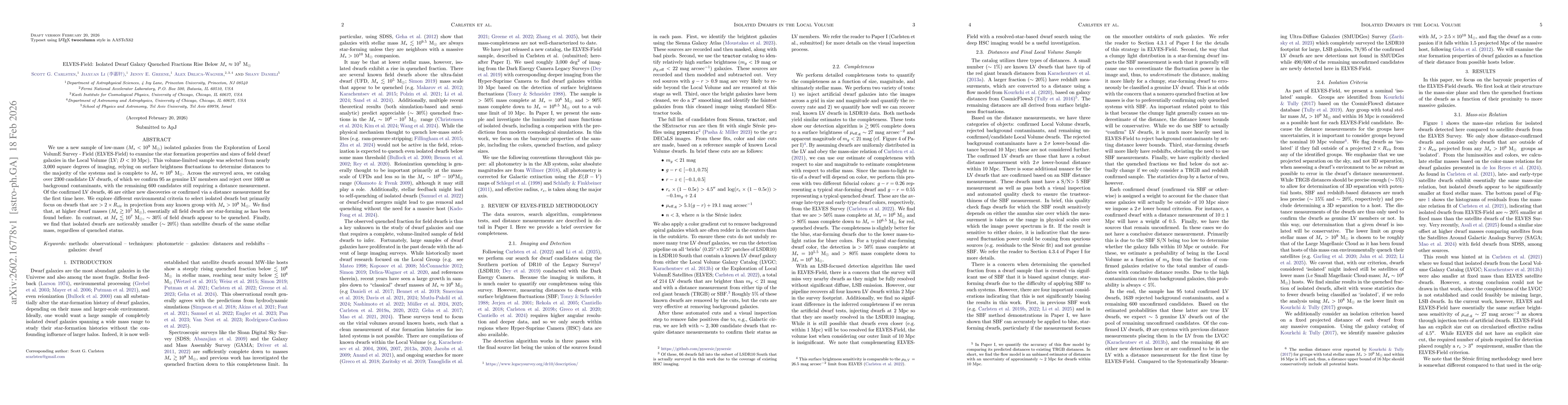 Thumbnail for ELVES-Field: Isolated Dwarf Galaxy Quenched Fractions Rise Below $M_* \approx 10^7$ $M_\odot$