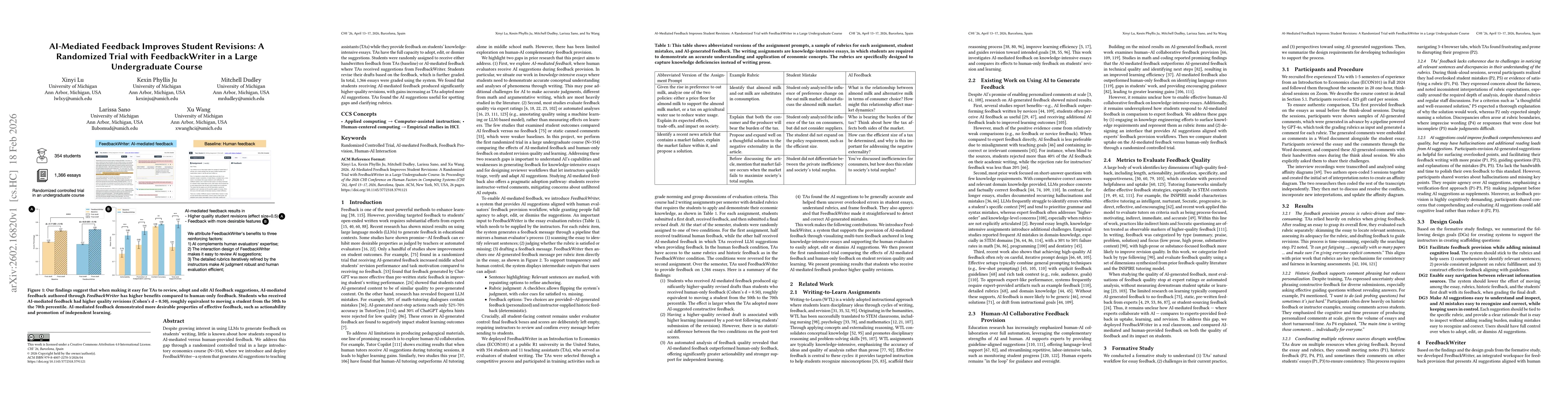 Thumbnail for AI-Mediated Feedback Improves Student Revisions: A Randomized Trial with FeedbackWriter in a Large Undergraduate Course