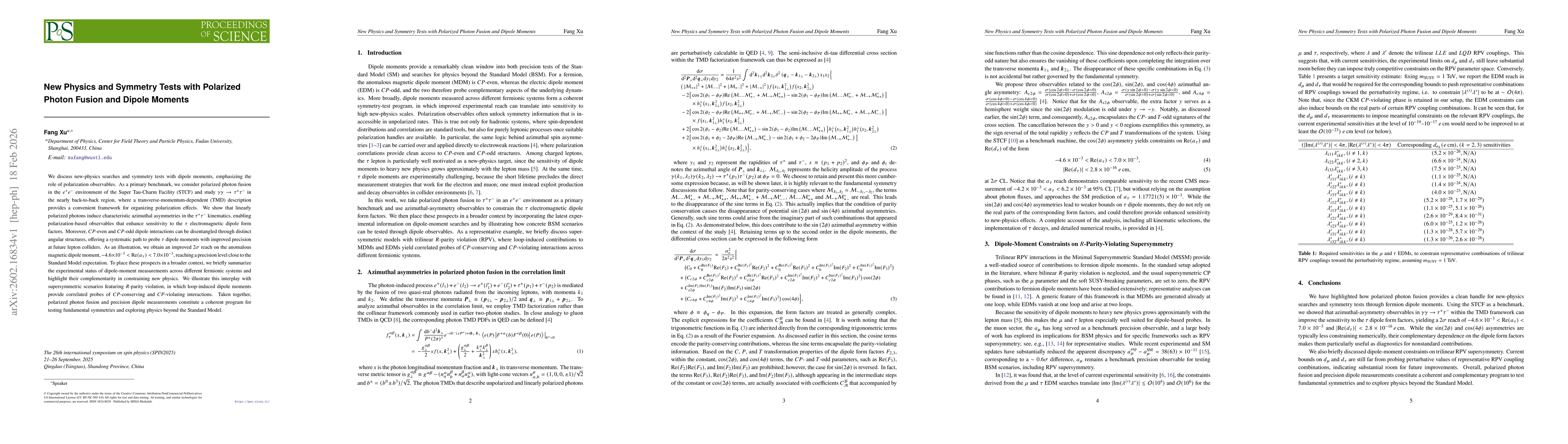 Thumbnail for New Physics and Symmetry Tests with Polarized Photon Fusion and Dipole Moments