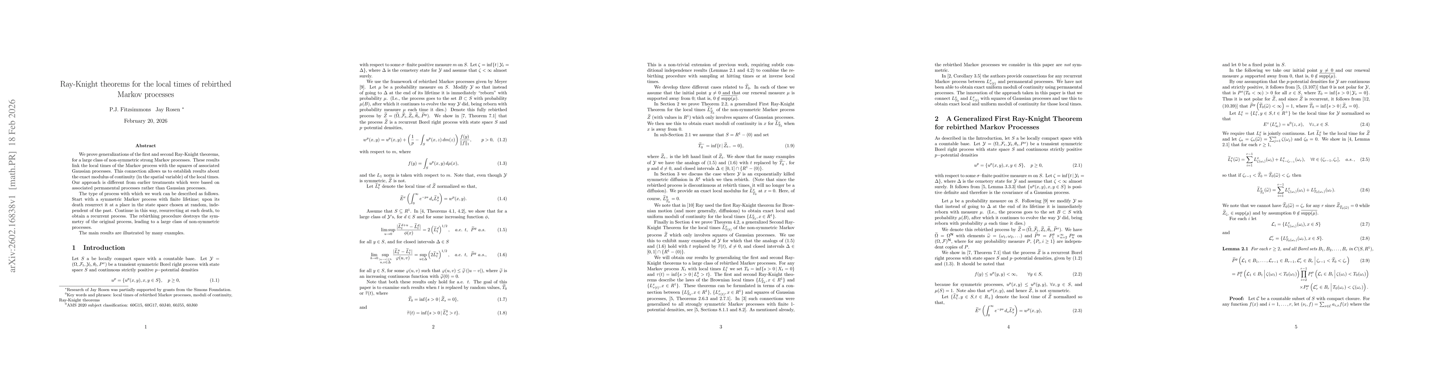 Thumbnail for Ray-Knight theorems for the local times of rebirthed Markov processes