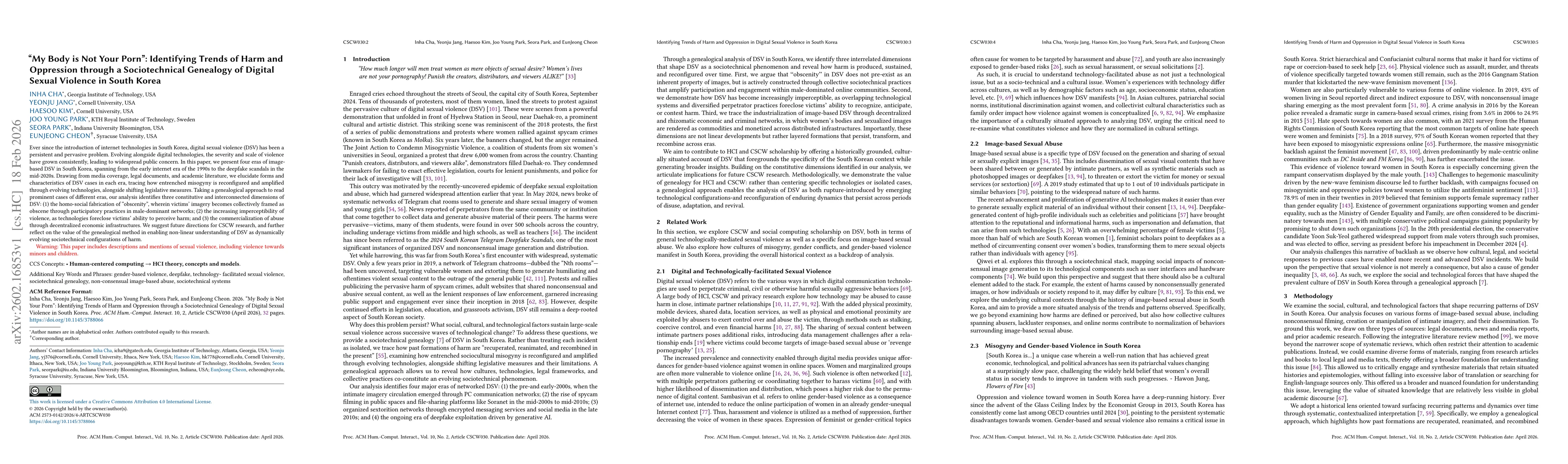 Thumbnail for "My body is not your Porn": Identifying Trends of Harm and Oppression through a Sociotechnical Genealogy of Digital Sexual Violence in South Korea