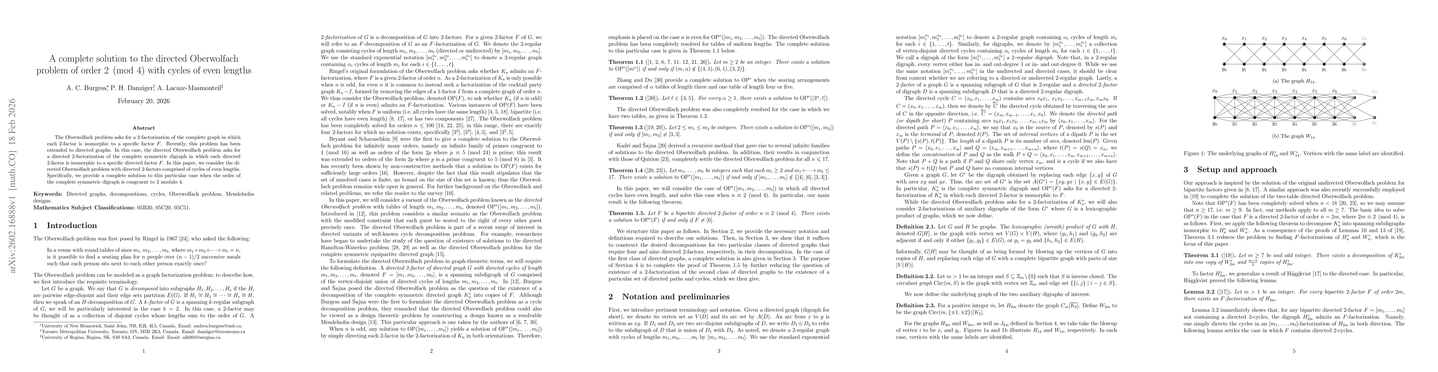 Thumbnail for A complete solution to the directed Oberwolfach problem of order $2 \pmod{4}$ with cycles of even lengths