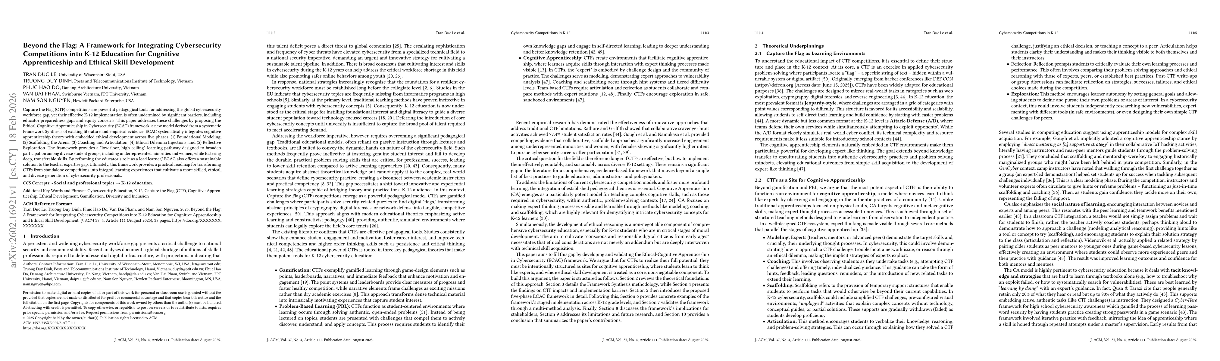 Thumbnail for Beyond the Flag: A Framework for Integrating Cybersecurity Competitions into K-12 Education for Cognitive Apprenticeship and Ethical Skill Development
