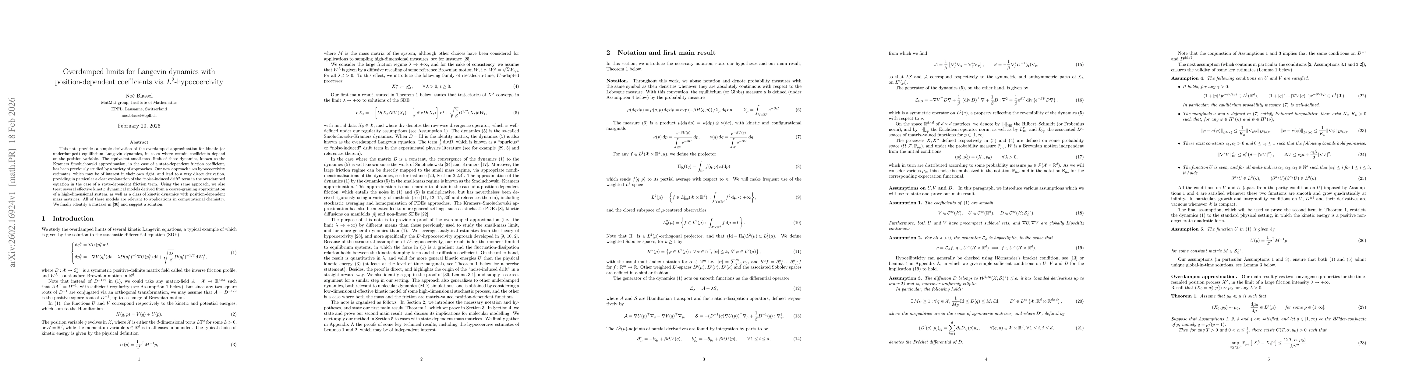 Thumbnail for Overdamped limits for Langevin dynamics with position-dependent coefficients via $L^2$-hypocoercivity