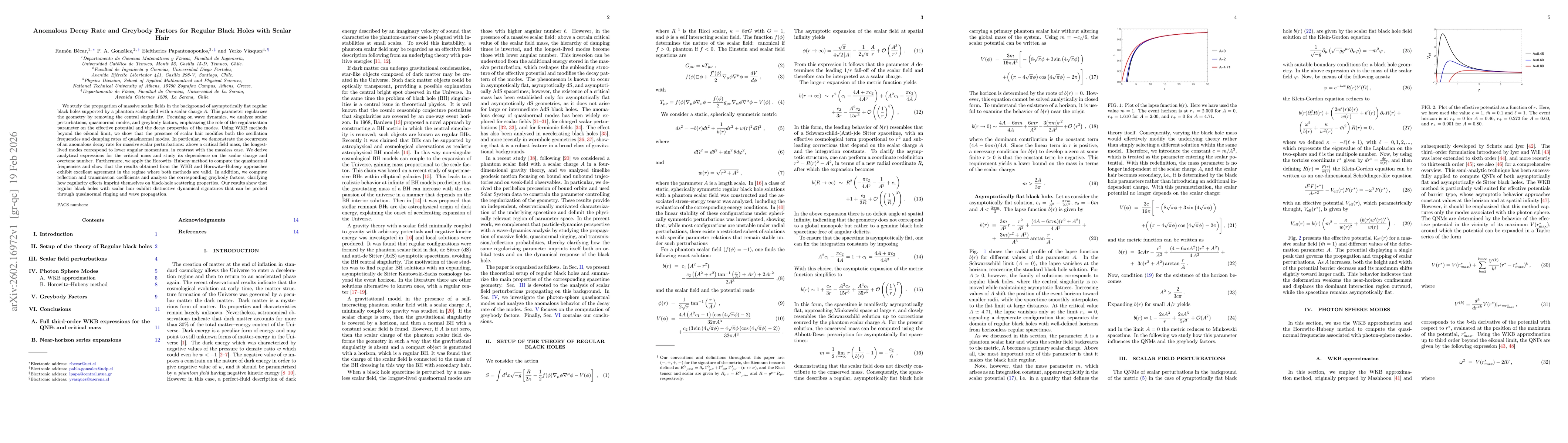 Thumbnail for Anomalous Decay Rate and Greybody Factors for Regular Black Holes with Scalar Hair