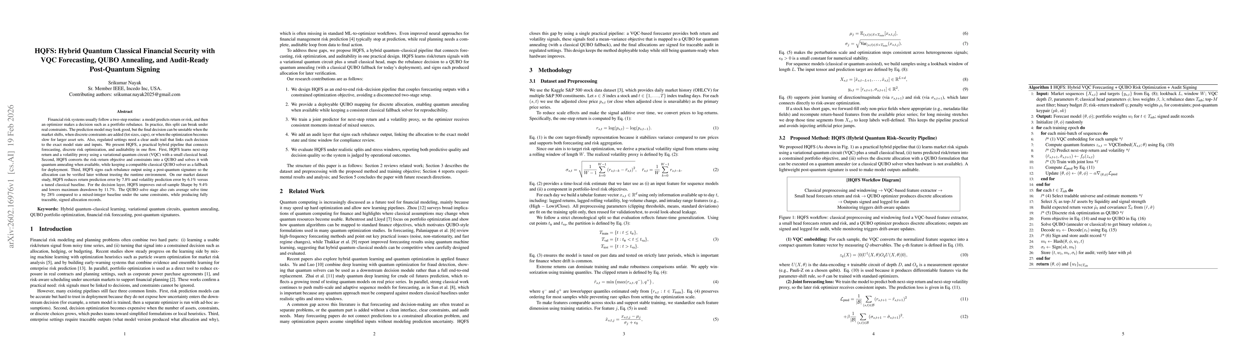 Thumbnail for HQFS: Hybrid Quantum Classical Financial Security with VQC Forecasting, QUBO Annealing, and Audit-Ready Post-Quantum Signing