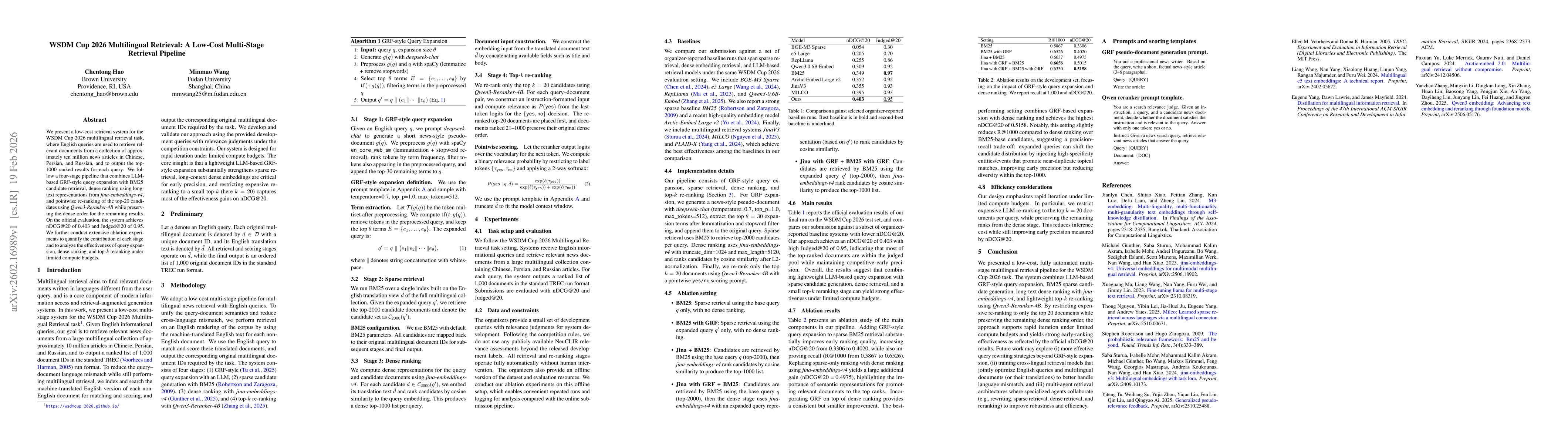 Thumbnail for WSDM Cup 2026 Multilingual Retrieval: A Low-Cost Multi-Stage Retrieval Pipeline