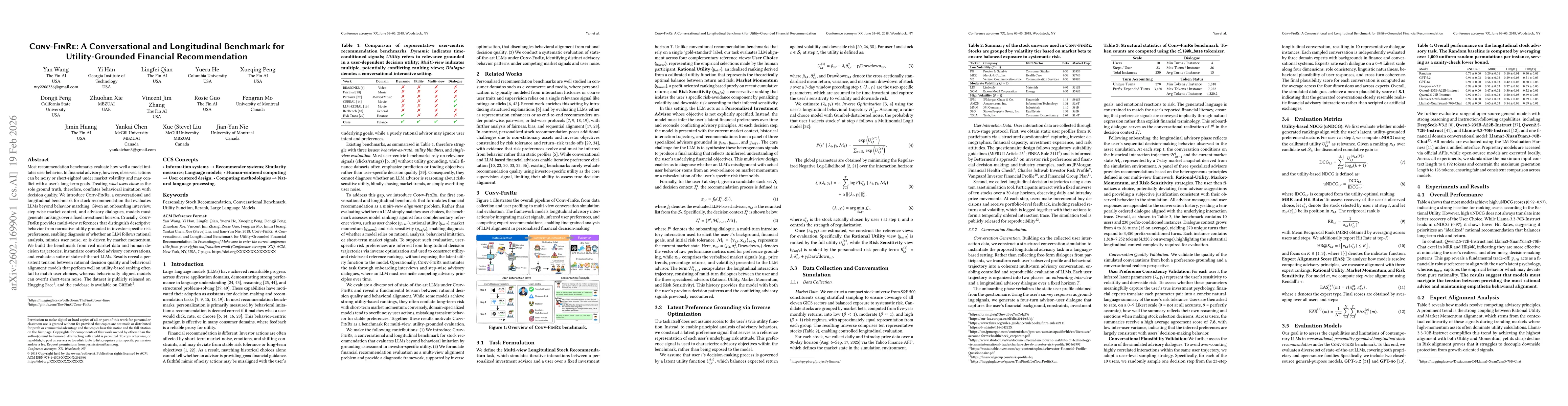 Thumbnail for Conv-FinRe: A Conversational and Longitudinal Benchmark for Utility-Grounded Financial Recommendation