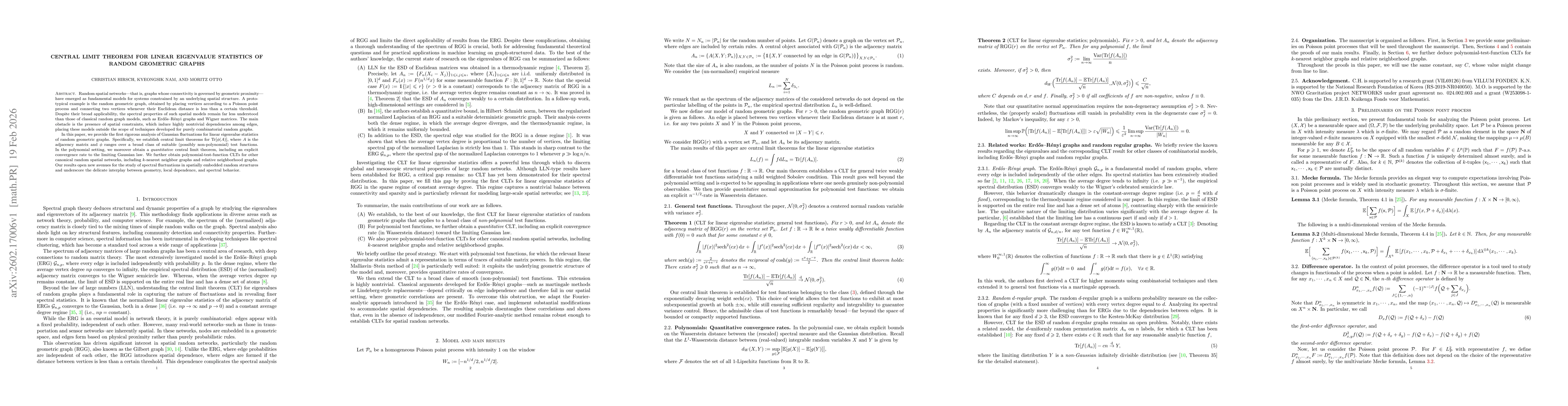 Thumbnail for Central limit theorem for linear eigenvalue statistics of random geometric graphs