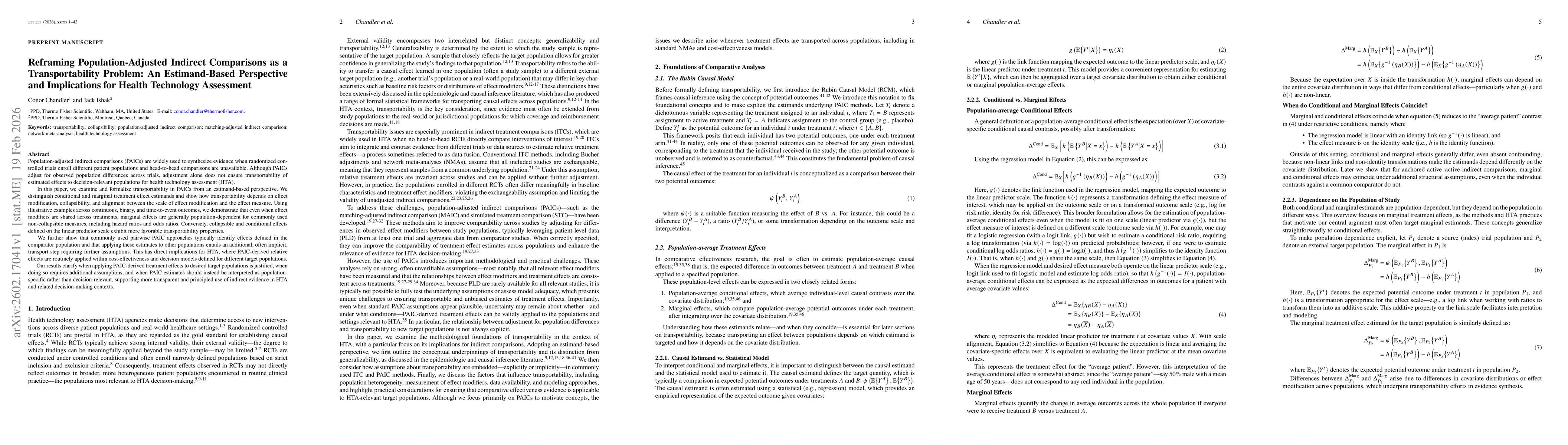 Thumbnail for Reframing Population-Adjusted Indirect Comparisons as a Transportability Problem: An Estimand-Based Perspective and Implications for Health Technology Assessment