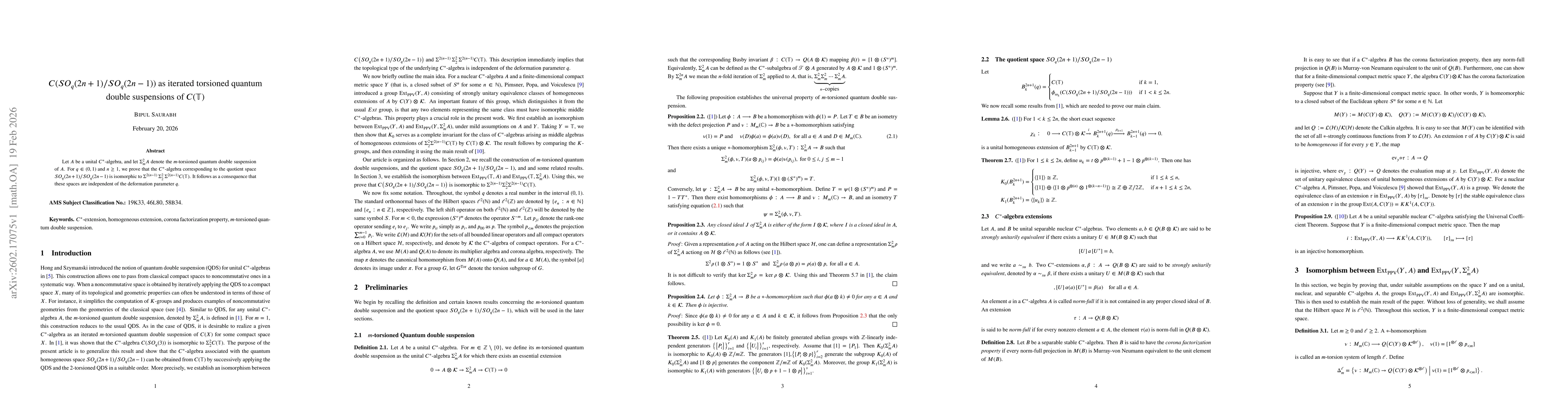Thumbnail for $C(SO_q(2n+1)/SO_q(2n-1))$ as iterated torsioned quantum double suspensions of $C(\mathbb{T})$