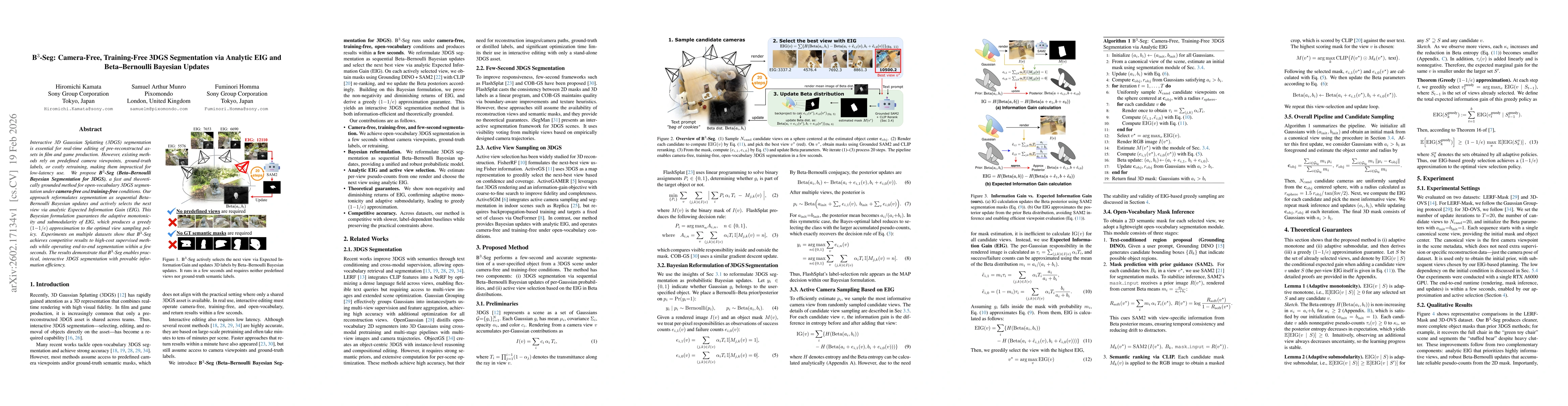 Thumbnail for B$^3$-Seg: Camera-Free, Training-Free 3DGS Segmentation via Analytic EIG and Beta-Bernoulli Bayesian Updates