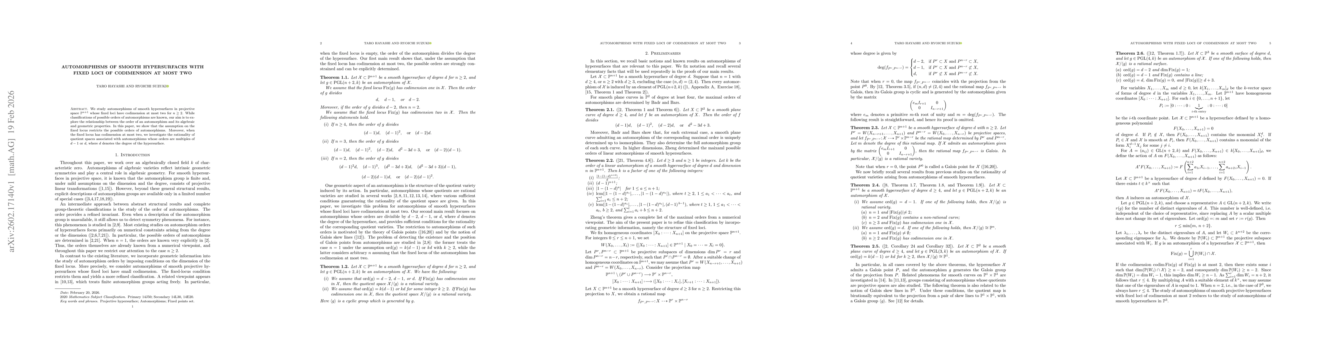 Thumbnail for Automorphisms of Smooth Hypersurfaces with Fixed Loci of Codimension at Most Two