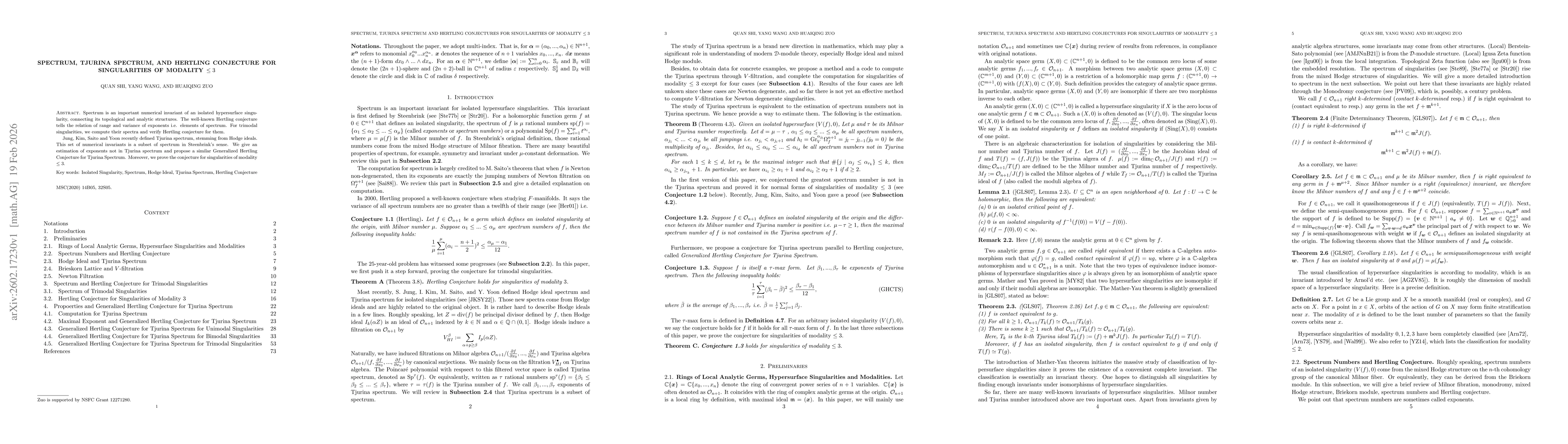 Thumbnail for Spectrum, Tjurina spectrum, and Hertling conjecture for singularities of modality $\leq 3$