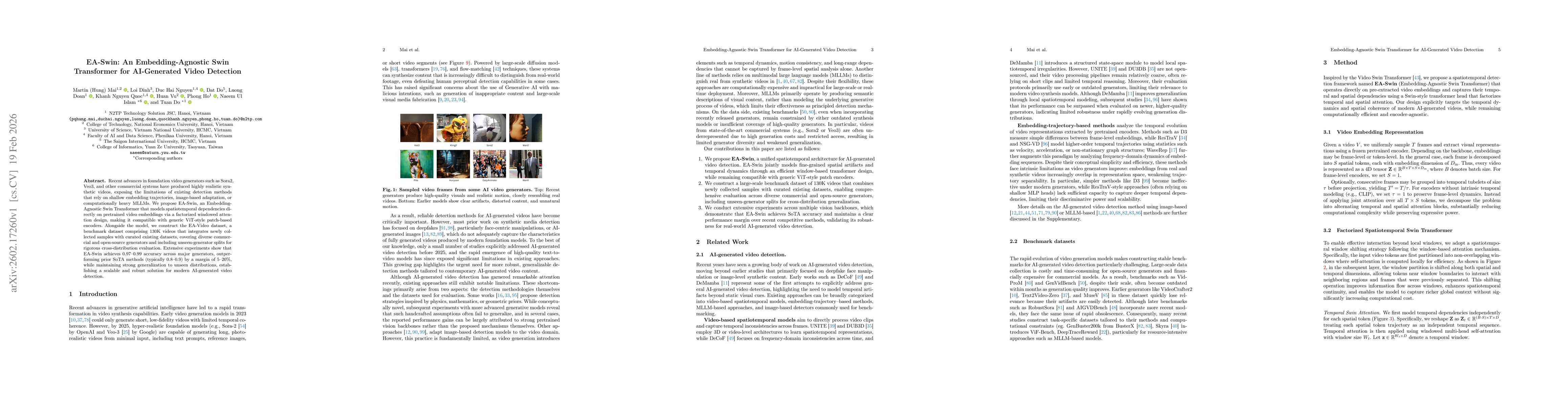 Thumbnail for EA-Swin: An Embedding-Agnostic Swin Transformer for AI-Generated Video Detection