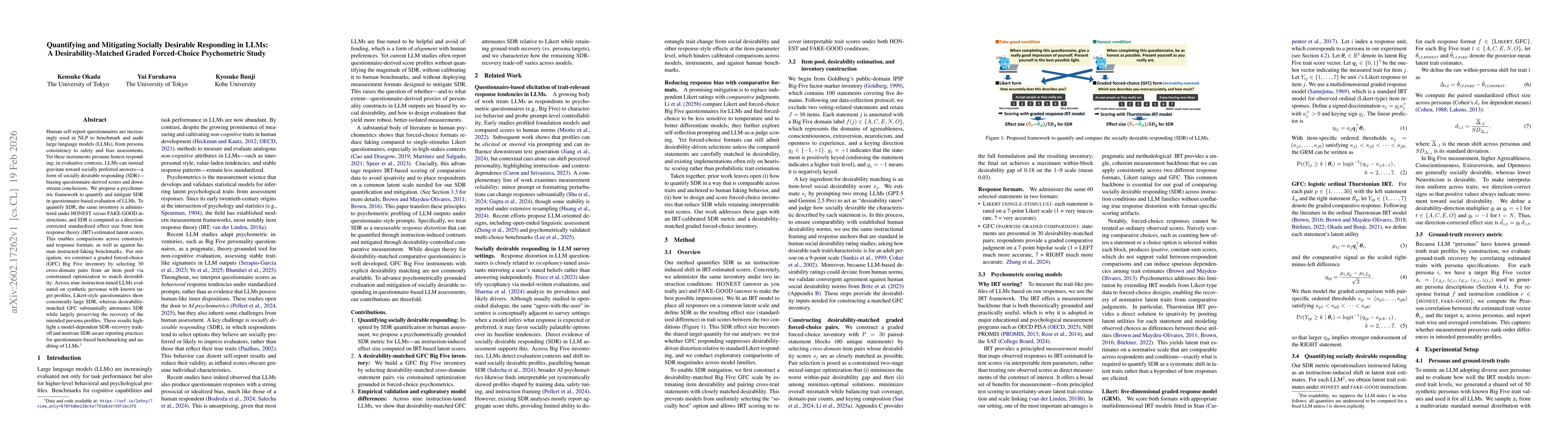 Thumbnail for Quantifying and Mitigating Socially Desirable Responding in LLMs: A Desirability-Matched Graded Forced-Choice Psychometric Study