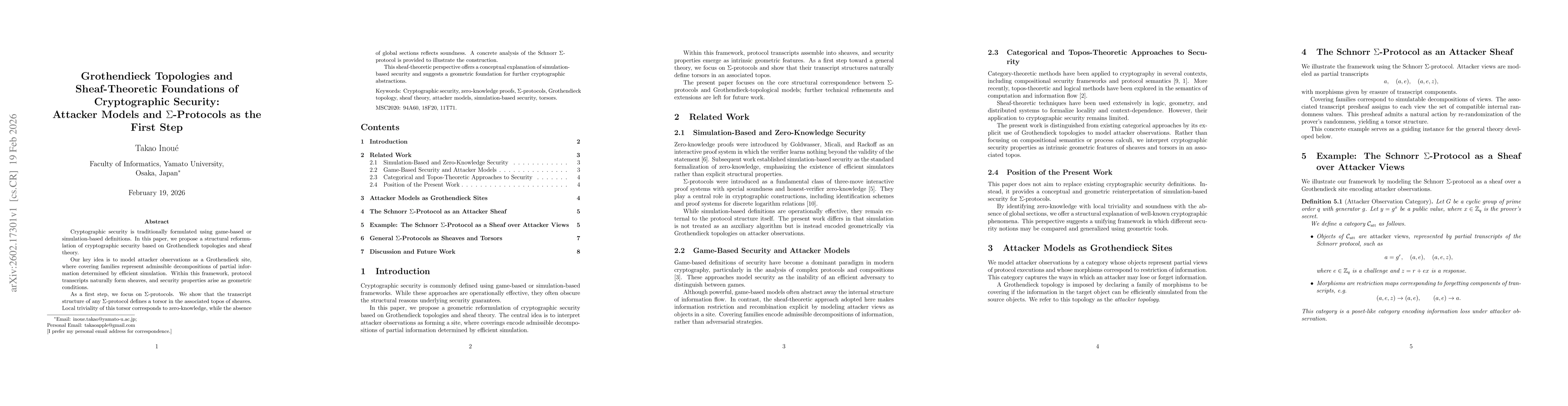 Thumbnail for Grothendieck Topologies and Sheaf-Theoretic Foundations of Cryptographic Security: Attacker Models and $Σ$-Protocols as the First Step