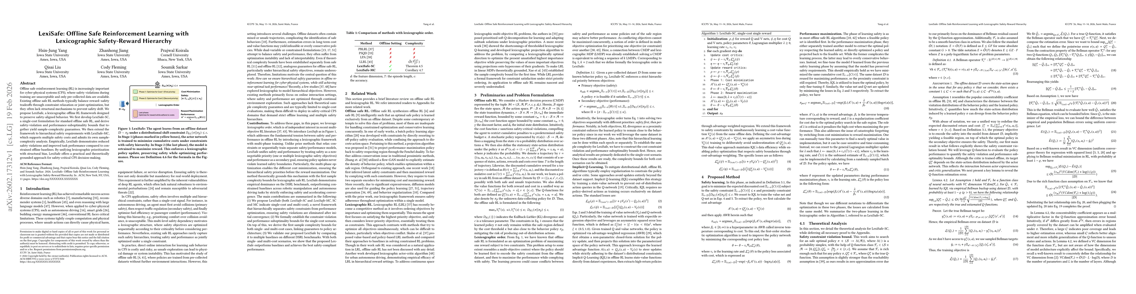 Thumbnail for LexiSafe: Offline Safe Reinforcement Learning with Lexicographic Safety-Reward Hierarchy