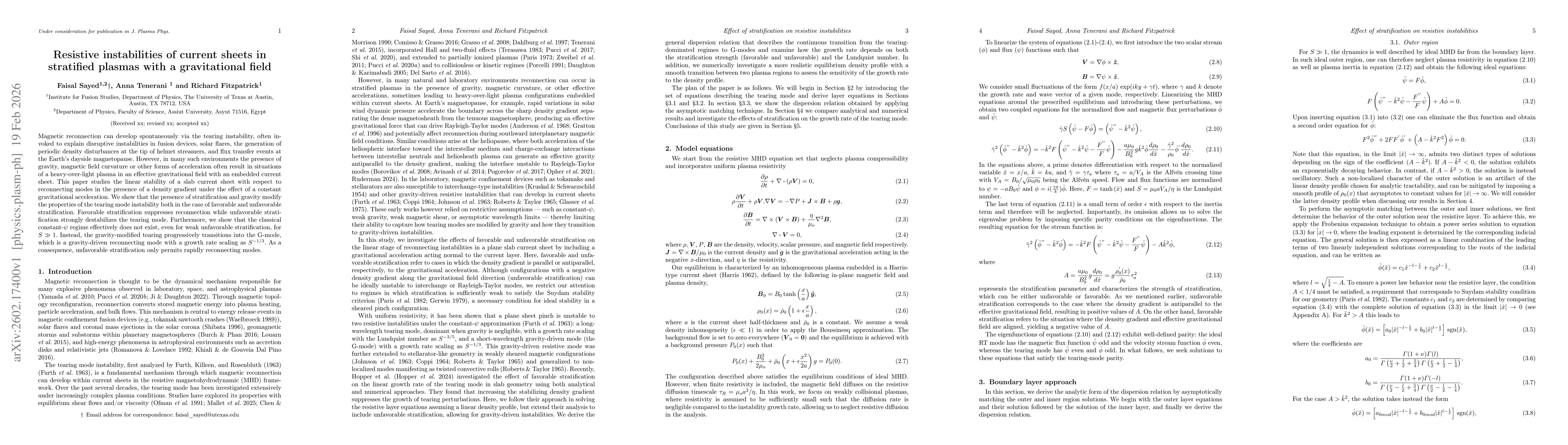 Thumbnail for Resistive instabilities of current sheets in stratified plasmas with a gravitational field