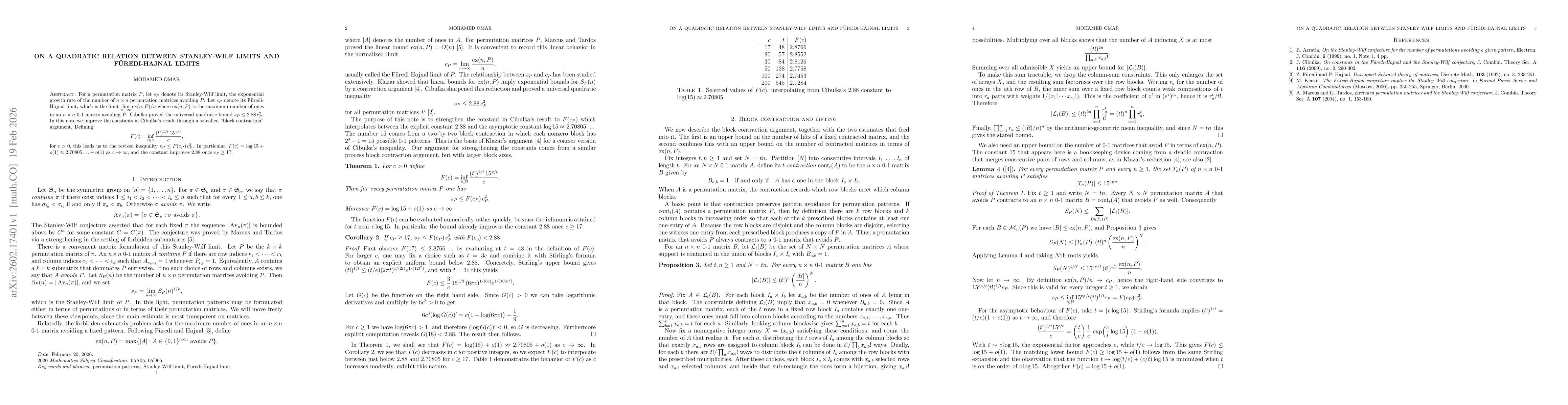 Thumbnail for On a Quadratic Relation Between Stanley-Wilf Limits and Füredi-Hajnal Limits
